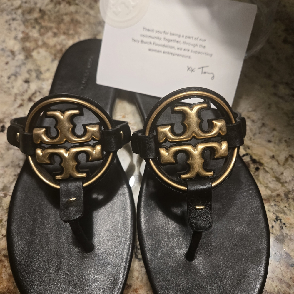 Tory Burch Black and Gold Logo Sandals